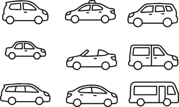 Car icon set with hatchback sedan taxi van convertible and minibus vehicle types in outline