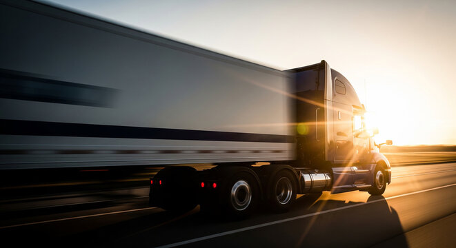 Large semi truck driving fast on highway at sunset perfect for global logistics commercial transportation and supply chain concepts