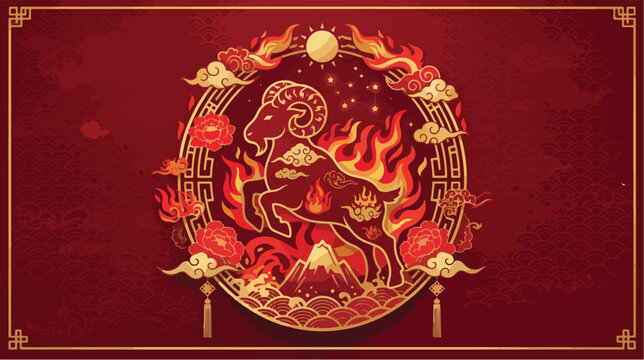Vibrant vector illustration depicting a majestic golden ram surrounded by swirling flames and traditional chinese decorative elements for lunar celebration