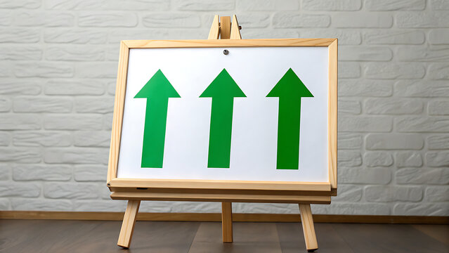Business growth chart on blank whiteboard. Upward trending arrows for success and financial progress visualization.