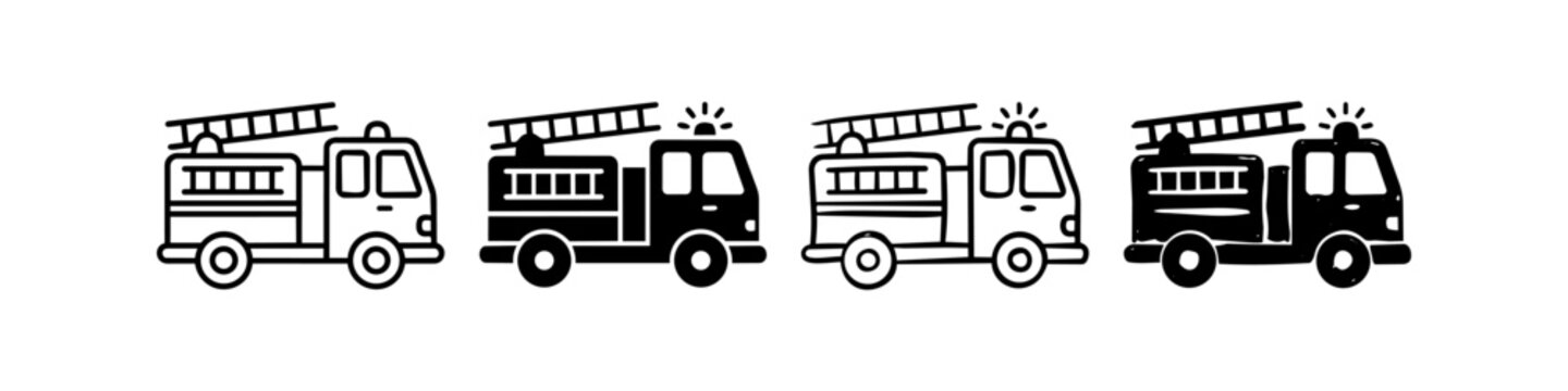 Set of four hand-drawn fire truck icons in outline and solid styles. Minimalist black and white doodle illustrations of emergency fire engines with ladders and sirens for design projects.