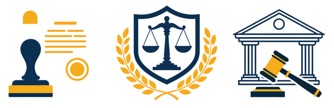 Legal and notary service icons with court, law, contract, and justice symbols for modern vector illustration
