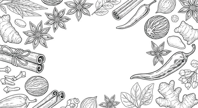 Beautiful hand-drawn black and white banner frame composed of various aromatic spices, herbs, and chili peppers.