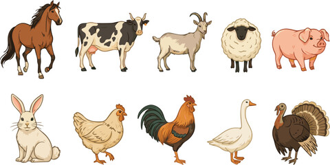 Created on Hand drawn farm animals including horse, cow, goat, sheep, pig, rabbit, chicken, rooster, goose and turkey vector art on white background © MdMasud