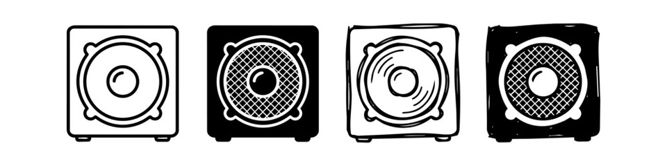Set of four speaker and subwoofer icons in various black and white styles, featuring line art, solid, and hand-drawn doodle versions for audio, music, and multimedia graphic design. © Nort Kor
