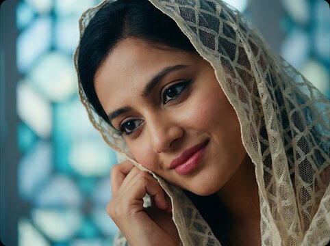 Beautiful young woman wearing white lace headscarf