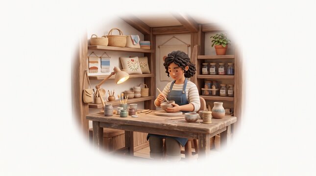 A woman is crafting a ceramic piece at a wooden table in a cozy studio, surrounded by shelves filled with pottery supplies and finished works. in white background.
