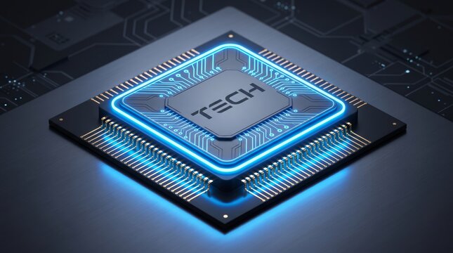 High tech computer processor with word tech on motherboard glowing with blue neon light circuits