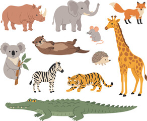 Obraz premium Created on hand-drawn animals including a rhino, elephant, fox, mouse, koala, giraffe, otter, hedgehog, zebra, tiger, and crocodile vector art on white background