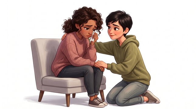 A person comforts another who is crying. The person on the chair is sitting with knees pulled up, and the person on the floor is kneeling and holding her hand. in white background.