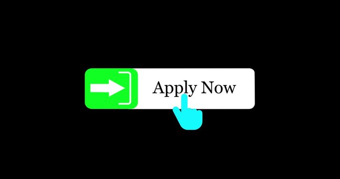 Transparent screen animation of Apply Now push button with pointer animation. Cursor icon Apply Now button on a perfect websites or apps UI,UX,GUI animation