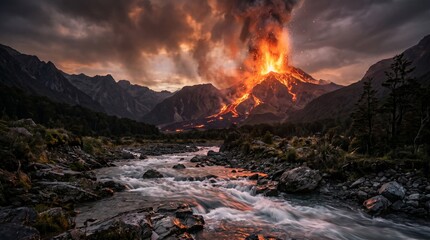 Naklejka premium Volcanic eruption landscape. Fiery mountain with flowing lava and river.