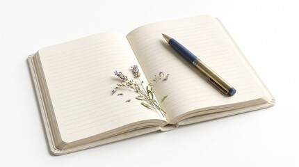 Naklejka premium An open notebook with a pen and a sprig of dried flowers resting on the pages. The notebook has lined pages and is ready for writing or journaling in white background.