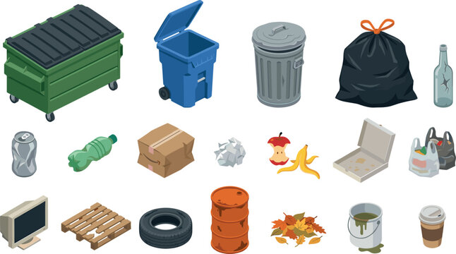 Isometric Waste Management and Garbage Element Set with Green Dumpster Wheelie Bin Metal Can Trash Bag Recyclable Bottling Packaging and Litter Vectors