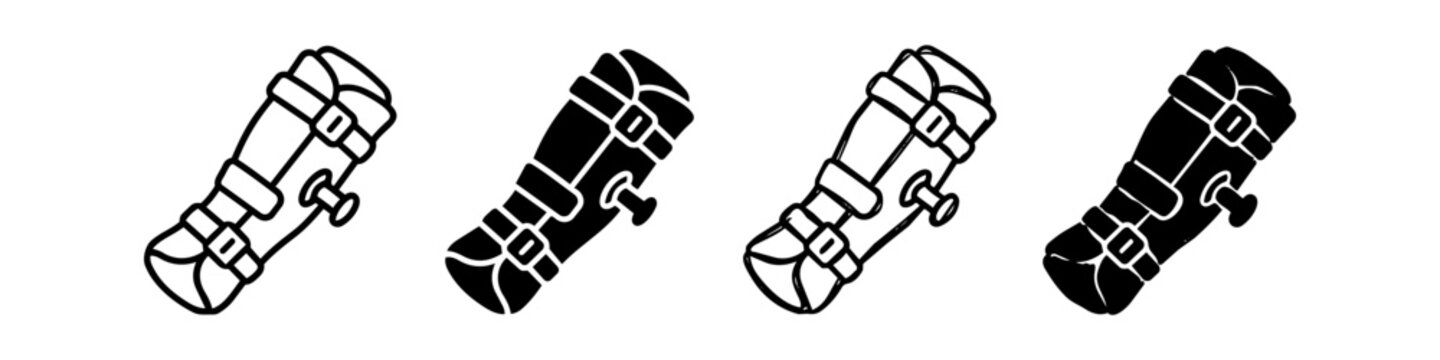 Set of medical leg brace icons in line art and silhouette styles. Orthopedic support equipment for shin injury recovery and protection. Isolated on white background.