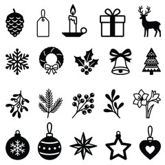 Fototapeta premium A set of black and white Christmas icons and symbols, including ornaments, decorations, and festive imagery, arranged in a grid pattern on a white background.