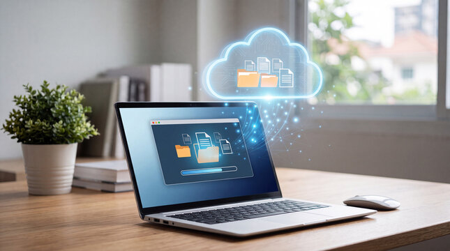 Cloud computing data transfer laptop cloud file folder network storage upload download synchronization digital technology internet data computing server backup online wireless office desk