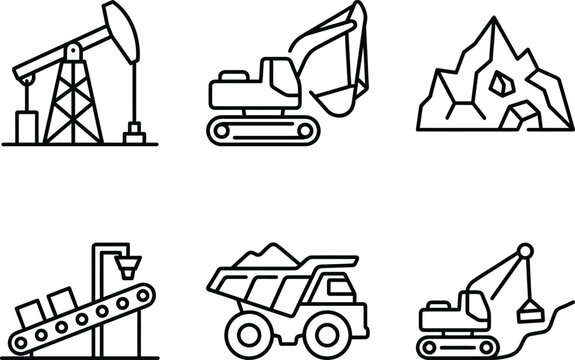 Extraction icons for heavy machinery resource mining and oil pumping.