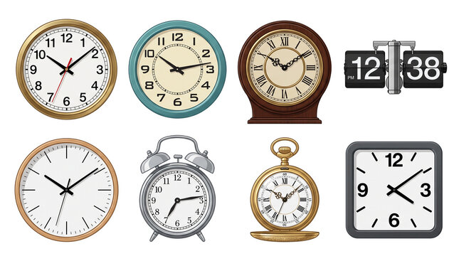 Vintage and modern clock collection, set of 8 diverse timepieces including alarm clock and pocket watch, classic wall and desk clocks on white background