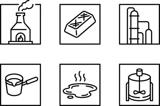 Refining line icons for industrial metallurgical processing and foundry operation.