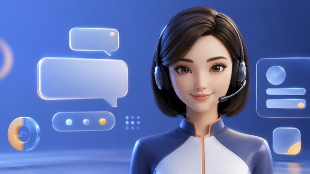 friendly ai chat assistant with headset and futuristic glowing interface on blue background