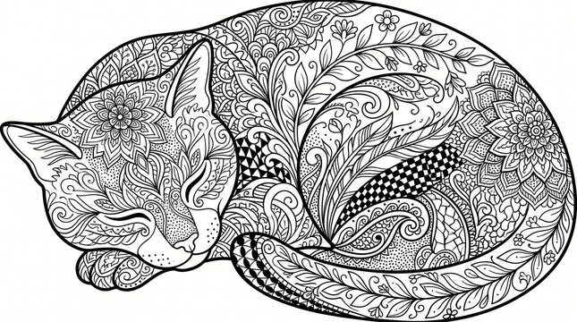 Zen Cat Coloring Page with Intricate Mandala Patterns and Floral Ornaments