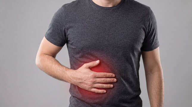 Abdominal pain man torso hand stomach ache pain health body medical indigestion discomfort stomachache digestive gastritis ulcer nausea cramp symptom emergency healthcare clinic treatment illness