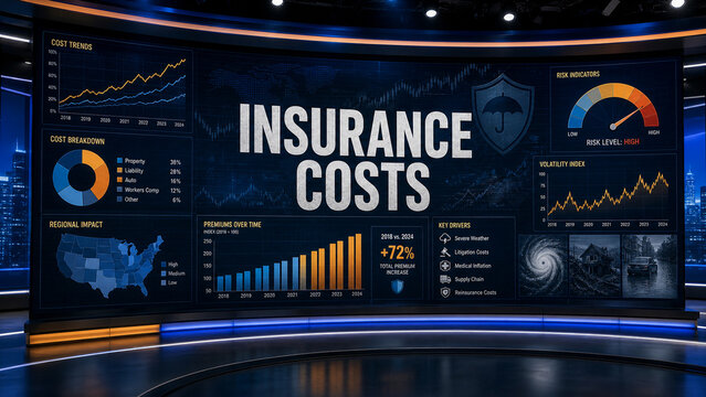 Digital news studio display showing insurance costs, risk indicators, charts, maps, premium trends, and financial data visualizations.