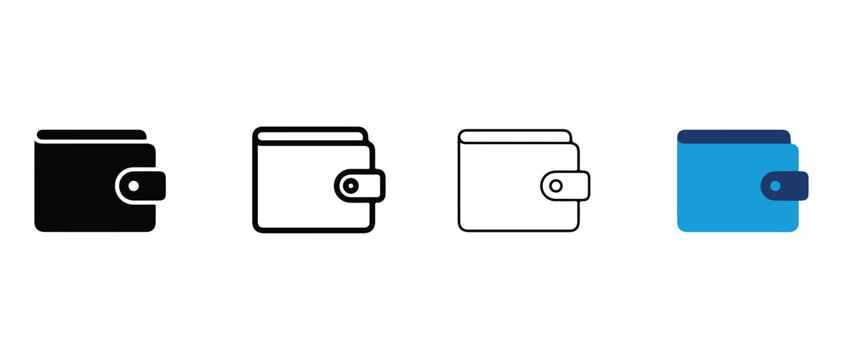 wallet icons in black white and blue on white background for finance and banking concepts  various wallet styles and colors