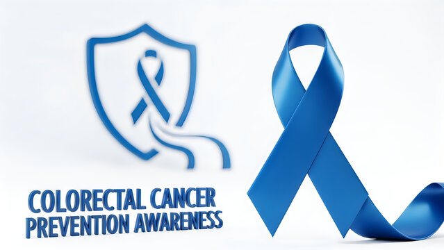 Blue colorectal cancer awareness ribbon with protection symbol for prevention screening and healthcare campaign