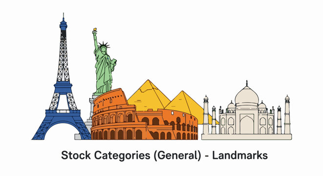 Famous global landmarks depicted in a vibrant stylized illustration