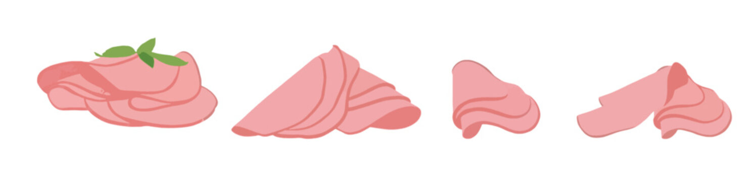 Gourmet sliced ham and cold cuts vector set, minimalist watercolor style deli meat illustration, folded pork ham slices with green leaf isolated on white background.