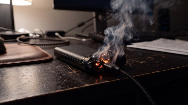 Burning power bank on desk with smoke and fire, fire hazard from charging battery device in dark office workspace