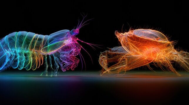 Two neon creatures face each other in a dark environment. A vibrant mantis shrimp challenges an orange crab in a striking display of color.