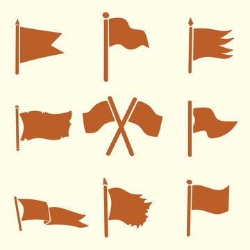 Flat Flag Shape Icon Set Collection with Waving, Torn, Crossed and Pennant Flag Silhouettes in Solid Orange Color
