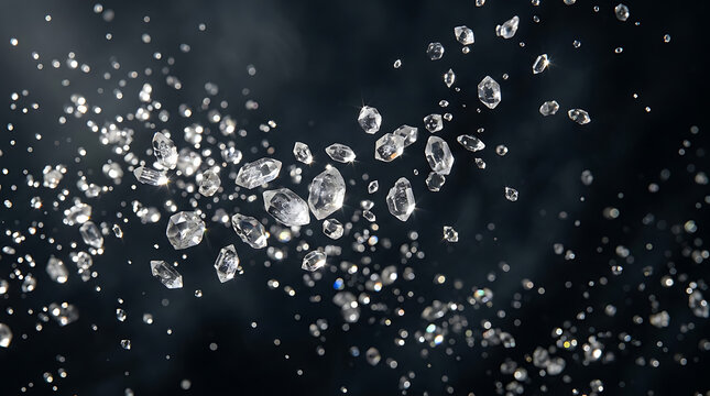 Quartz crystal particles floating in air. Mineral dust motes suspended