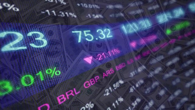 Digital stock market ticker overlay with percentages and currency pairs glowing over scattered US hundred dollar bills, symbolizing global trading.