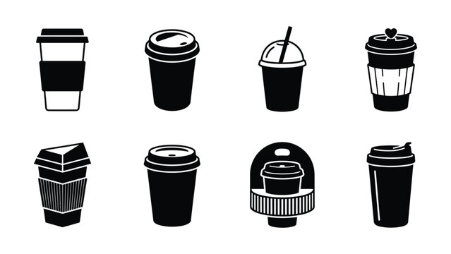 Various stylized coffee cups with different lids and drink designs on transparent background