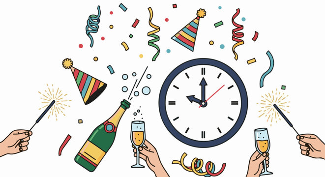 Festive celebration with champagne party hats clock and sparklers signifying a joyous event