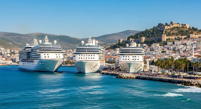 Aerial view of Mediterranean coastal town with luxury yacht.