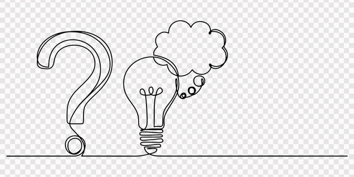 light bulb and speech bubbles continuous one line drawing, Hand drawn one line vector. Quick tips. transparent background, Hand-drawn vector with light bulb, question mark, and speech bubbles. Minimal