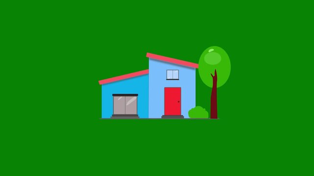 Animated modern suburban house with garage and tree. Animation of a contemporary blue suburban home featuring a flat roof style, garage and front yard tree.
