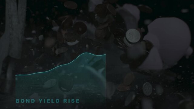 A hammer smashing a ceramic piggy bank with a blue graph and bond yield rise text overlay, conceptualizing broken savings and financial shifts.
