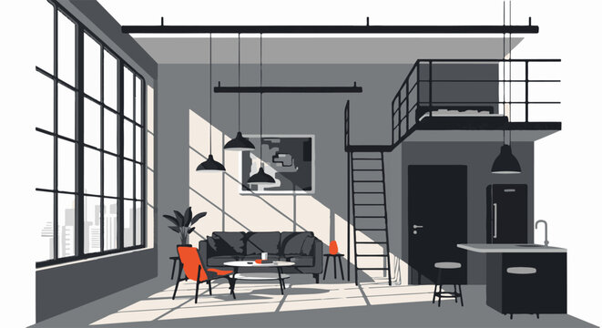 Modern loft interior with a sofa table chairs kitchen and a loft bed