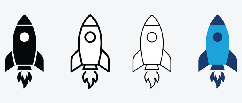 rocket ship icons flying upwards with flames  isolated on light gray background