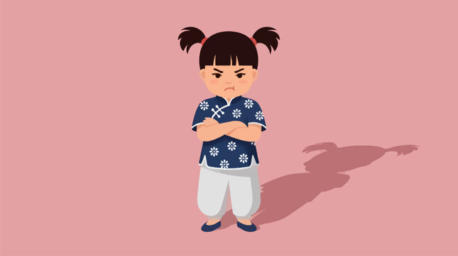 Flat Design Vector Illustration of a Cute, Angry Toddler Girl with Dark Hair in Pigtails, Arms Crossed, Wearing a Blue Floral Outfit on a Pink Background with Copy Space