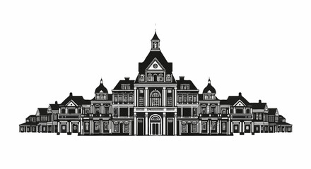Obraz premium Ornate large building with a central tower and symmetrically arranged wings in a detailed linework style