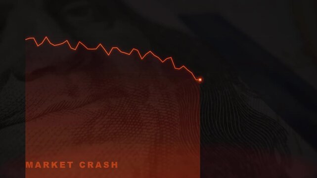 Close-up of US dollar bills with an orange downward line graph and MARKET CRASH text. Represents currency devaluation, economic crisis, and inflation.