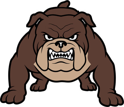 Aggressive bulldog mascot illustration featuring a tough brown dog with baring teeth and a muscular stance for sports logos and character design