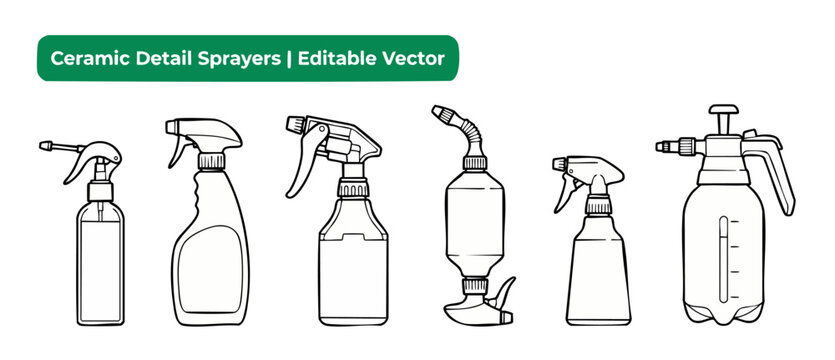 Spray bottle vector outline set of auto detailing ceramic sprayers and trigger pump pressure sprayer icons for cleaning, automotive maintenance, and household packaging templates isolated art designs.